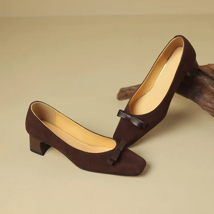 Ladies Square Toe Bow Detail Block Low Heel Loafer Pumps