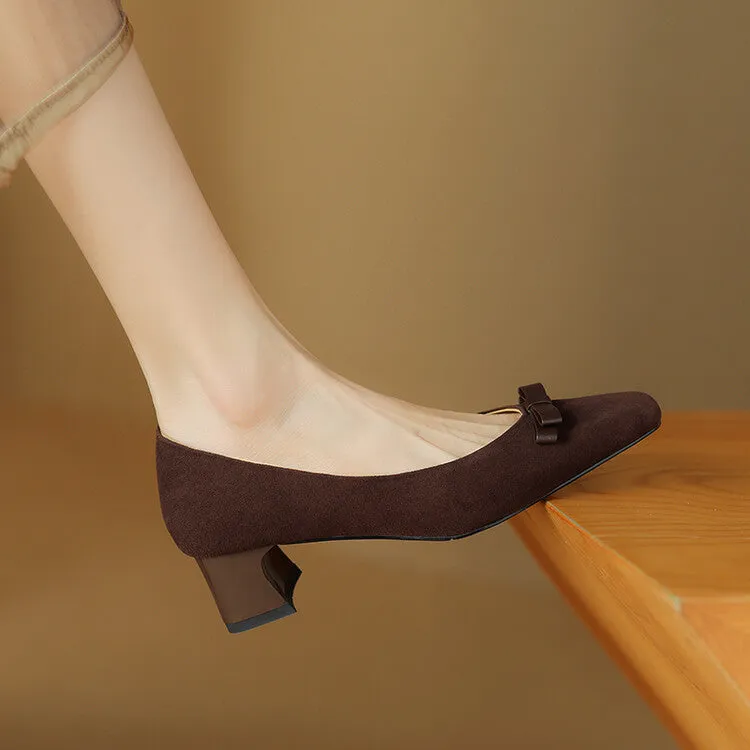 Ladies Square Toe Bow Detail Block Low Heel Loafer Pumps