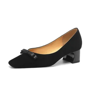 Ladies Square Toe Bow Detail Block Low Heel Loafer Pumps