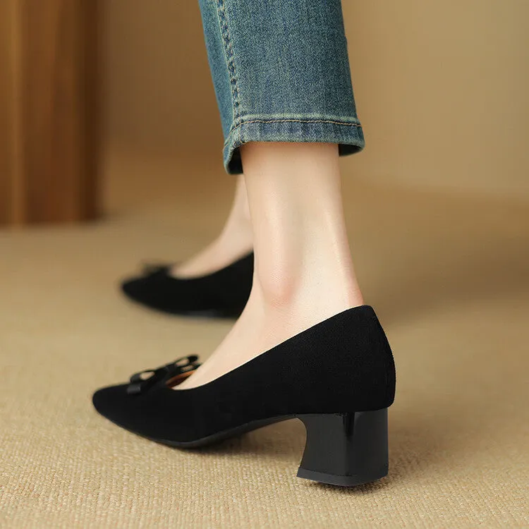 Ladies Square Toe Bow Detail Block Low Heel Loafer Pumps