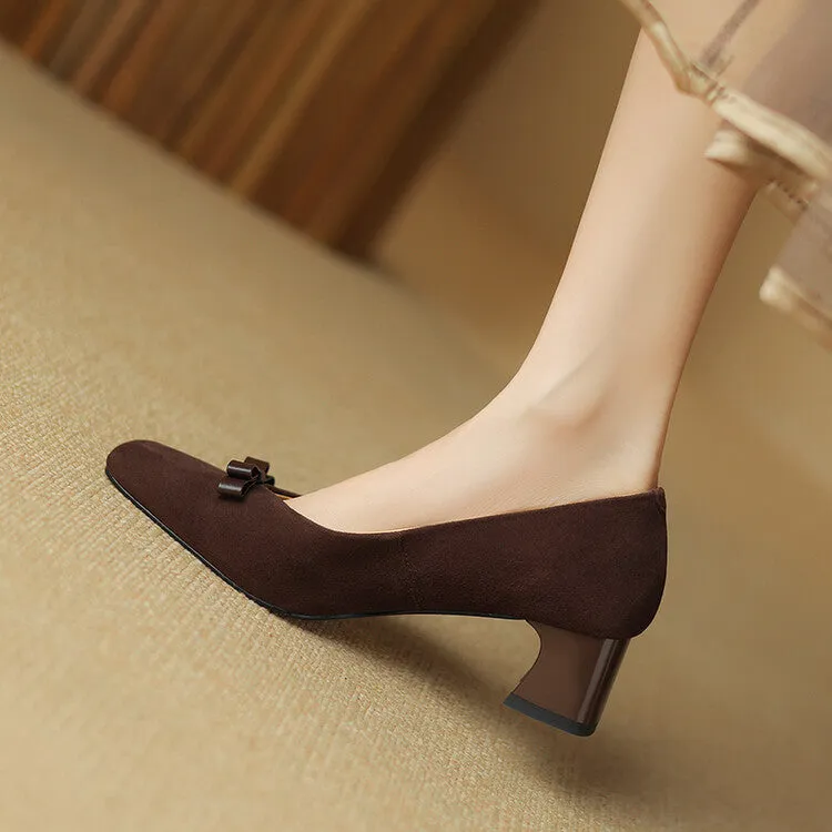 Ladies Square Toe Bow Detail Block Low Heel Loafer Pumps