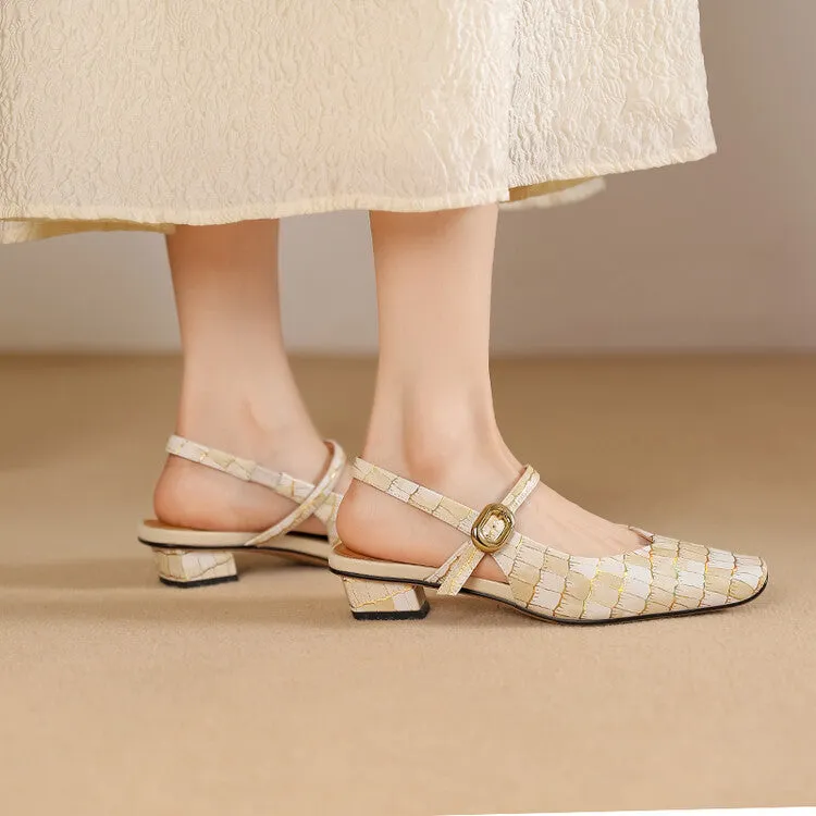 Ladies Square Toe Genuine Leather Block Low Heel Slingback Pumps