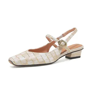 Ladies Square Toe Genuine Leather Block Low Heel Slingback Pumps