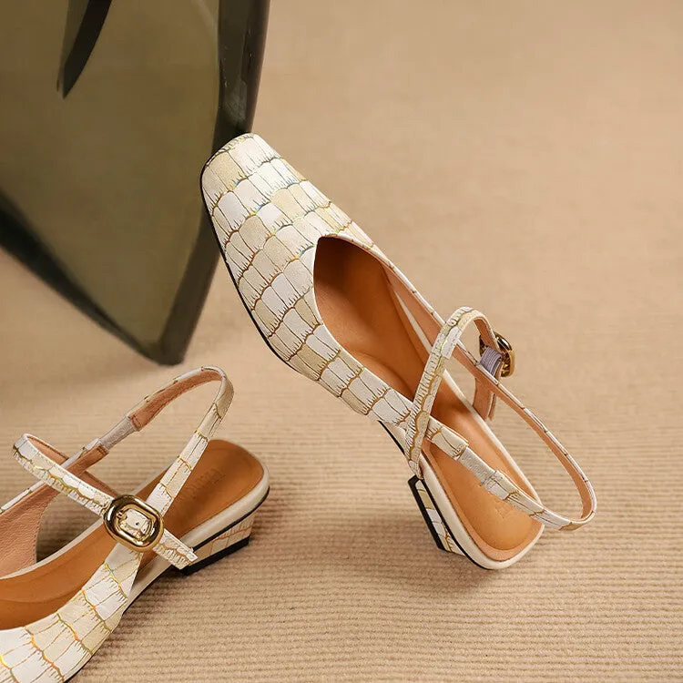 Ladies Square Toe Genuine Leather Block Low Heel Slingback Pumps