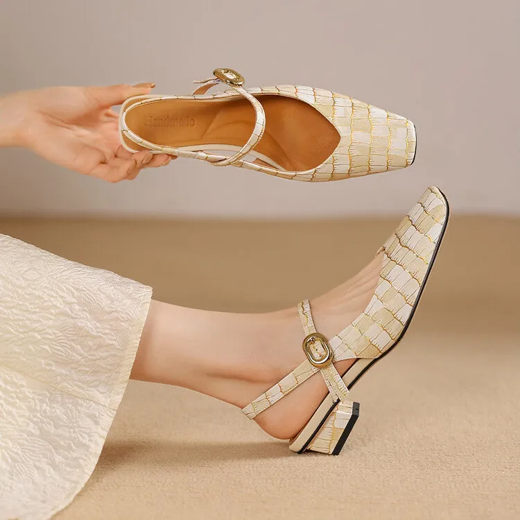 Ladies Square Toe Genuine Leather Block Low Heel Slingback Pumps