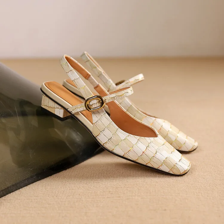 Ladies Square Toe Genuine Leather Block Low Heel Slingback Pumps