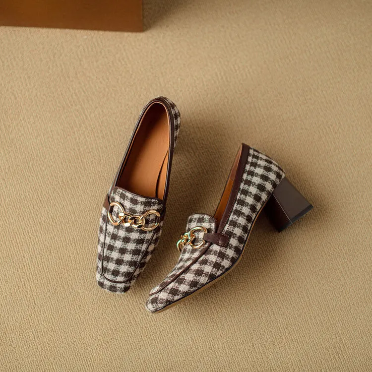 Ladies Square Toe  Houndstooth  Chain Link Detail Heeled Loafers