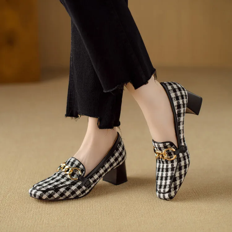 Ladies Square Toe  Houndstooth  Chain Link Detail Heeled Loafers