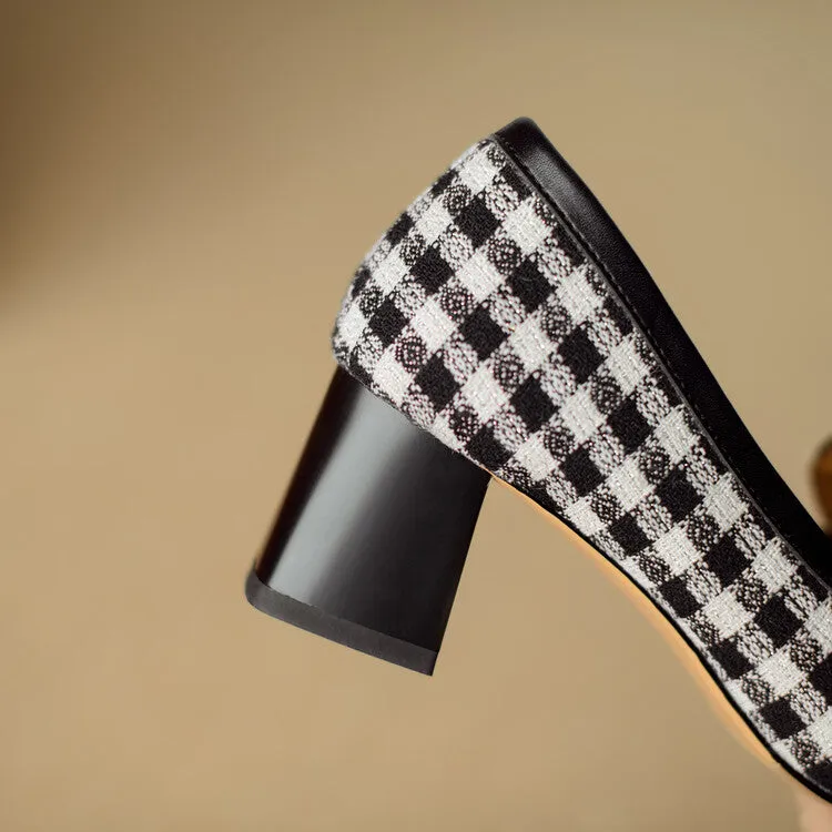 Ladies Square Toe  Houndstooth  Chain Link Detail Heeled Loafers
