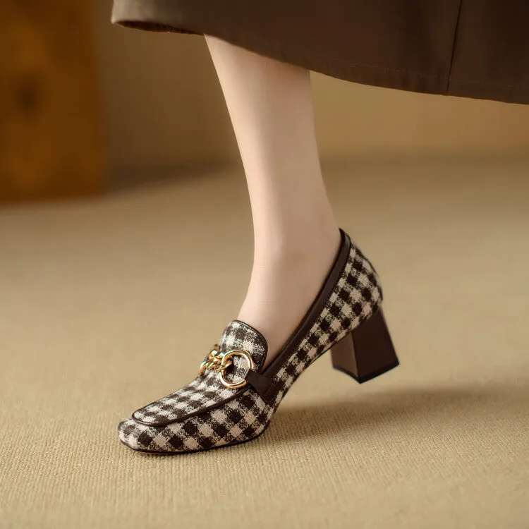 Ladies Square Toe  Houndstooth  Chain Link Detail Heeled Loafers