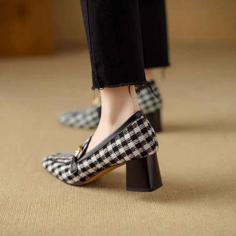 Ladies Square Toe  Houndstooth  Chain Link Detail Heeled Loafers