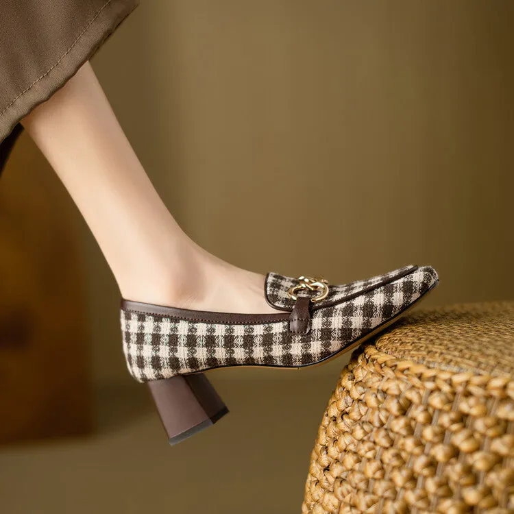 Ladies Square Toe  Houndstooth  Chain Link Detail Heeled Loafers