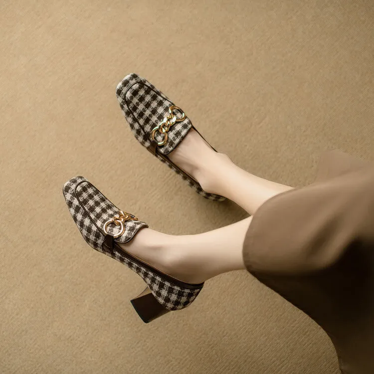 Ladies Square Toe  Houndstooth  Chain Link Detail Heeled Loafers