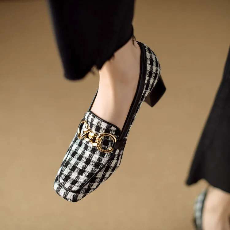 Ladies Square Toe  Houndstooth  Chain Link Detail Heeled Loafers