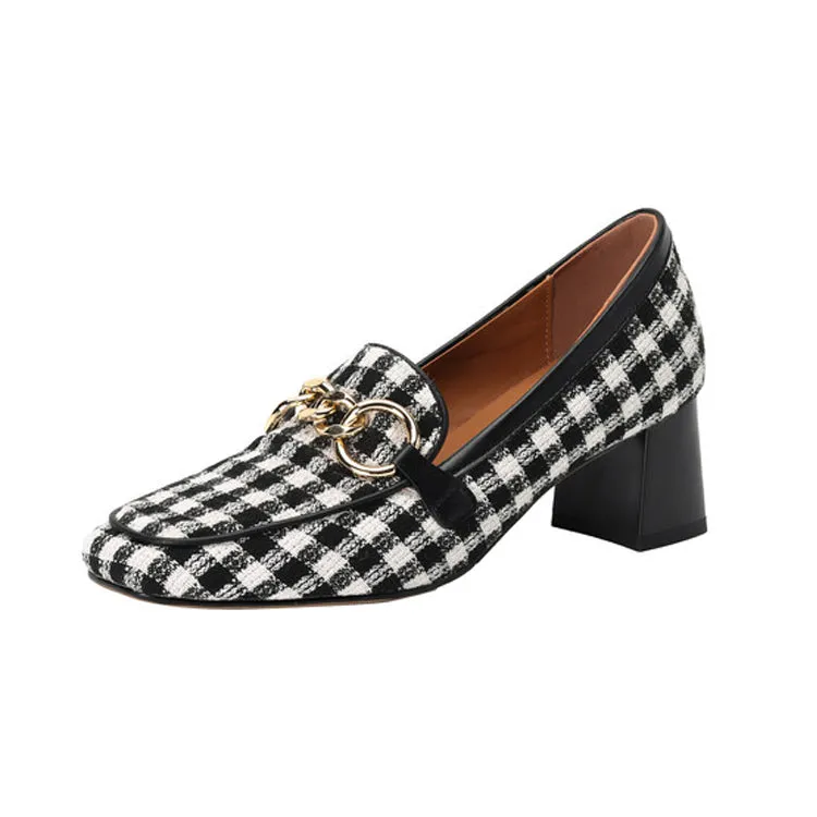 Ladies Square Toe  Houndstooth  Chain Link Detail Heeled Loafers