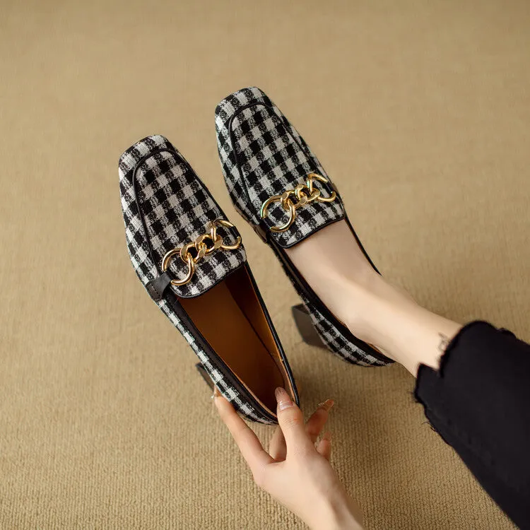 Ladies Square Toe  Houndstooth  Chain Link Detail Heeled Loafers