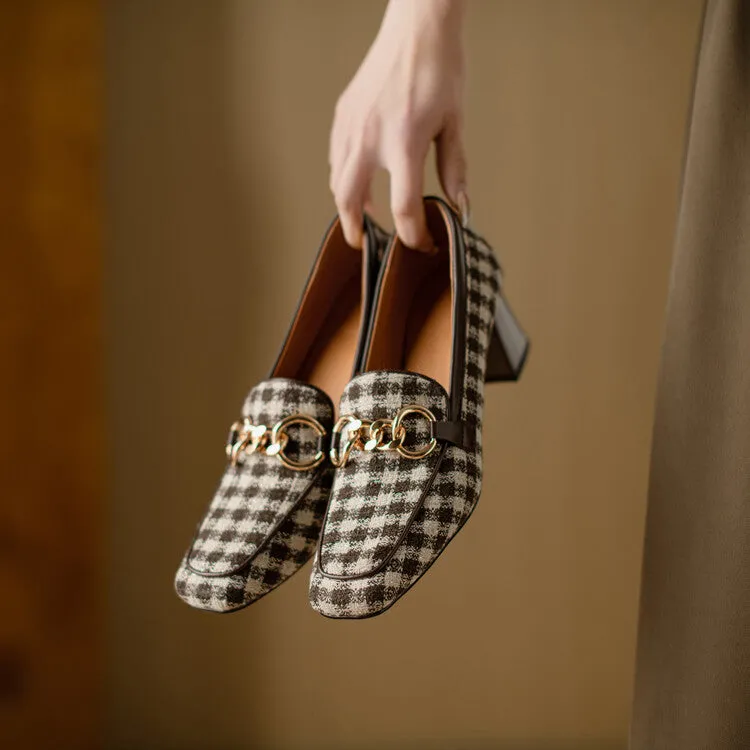 Ladies Square Toe  Houndstooth  Chain Link Detail Heeled Loafers
