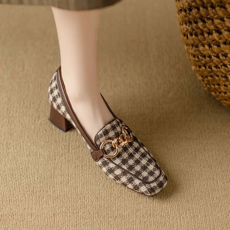 Ladies Square Toe  Houndstooth  Chain Link Detail Heeled Loafers