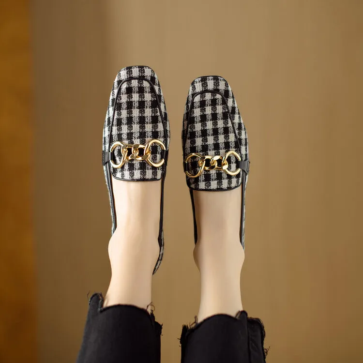 Ladies Square Toe  Houndstooth  Chain Link Detail Heeled Loafers