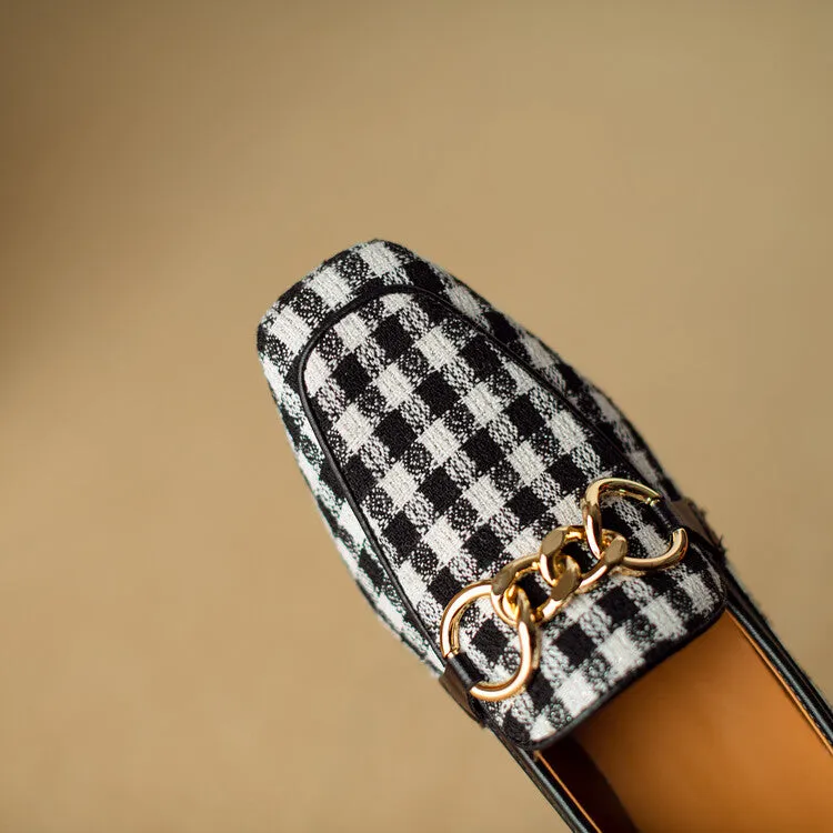 Ladies Square Toe  Houndstooth  Chain Link Detail Heeled Loafers