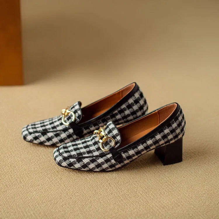 Ladies Square Toe  Houndstooth  Chain Link Detail Heeled Loafers