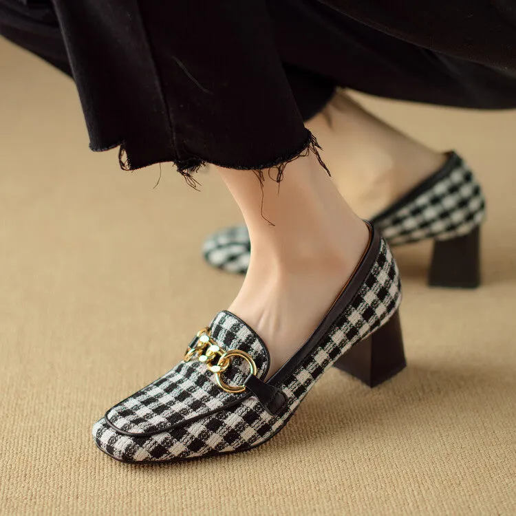 Ladies Square Toe  Houndstooth  Chain Link Detail Heeled Loafers