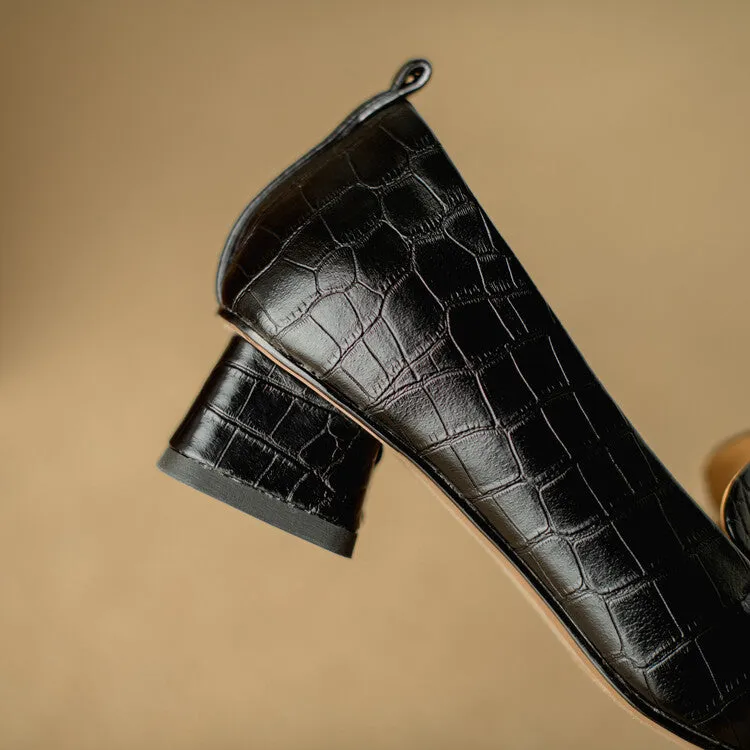 Ladies Square Toe Leather Block Heel Loafers