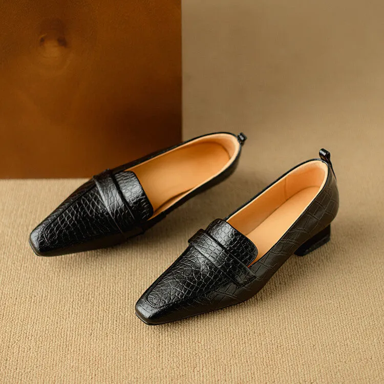 Ladies Square Toe Leather Block Heel Loafers