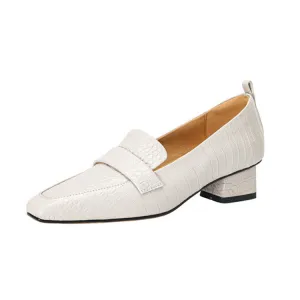 Ladies Square Toe Leather Block Heel Loafers