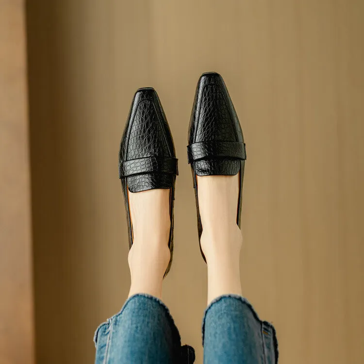 Ladies Square Toe Leather Block Heel Loafers