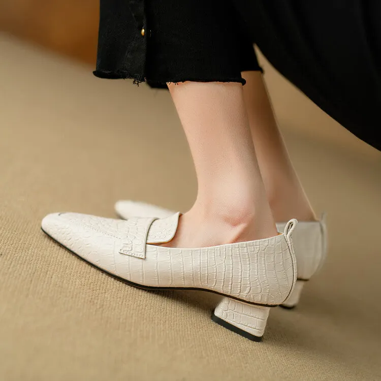 Ladies Square Toe Leather Block Heel Loafers