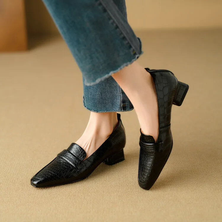 Ladies Square Toe Leather Block Heel Loafers