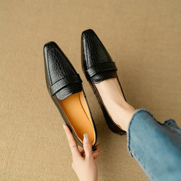 Ladies Square Toe Leather Block Heel Loafers
