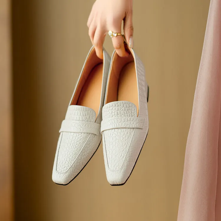 Ladies Square Toe Leather Block Heel Loafers