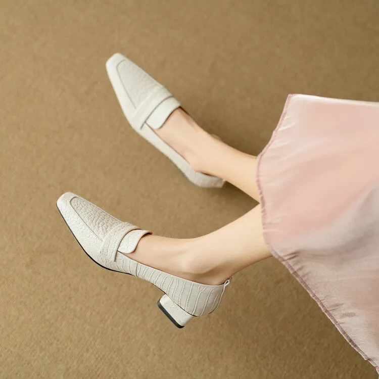 Ladies Square Toe Leather Block Heel Loafers