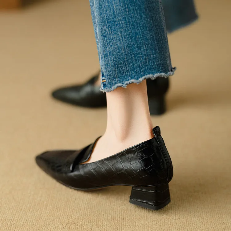 Ladies Square Toe Leather Block Heel Loafers