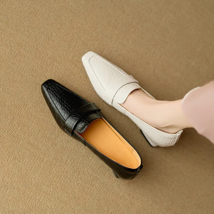 Ladies Square Toe Leather Block Heel Loafers