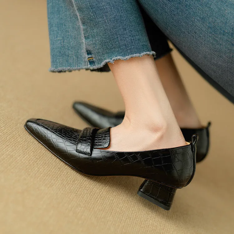 Ladies Square Toe Leather Block Heel Loafers