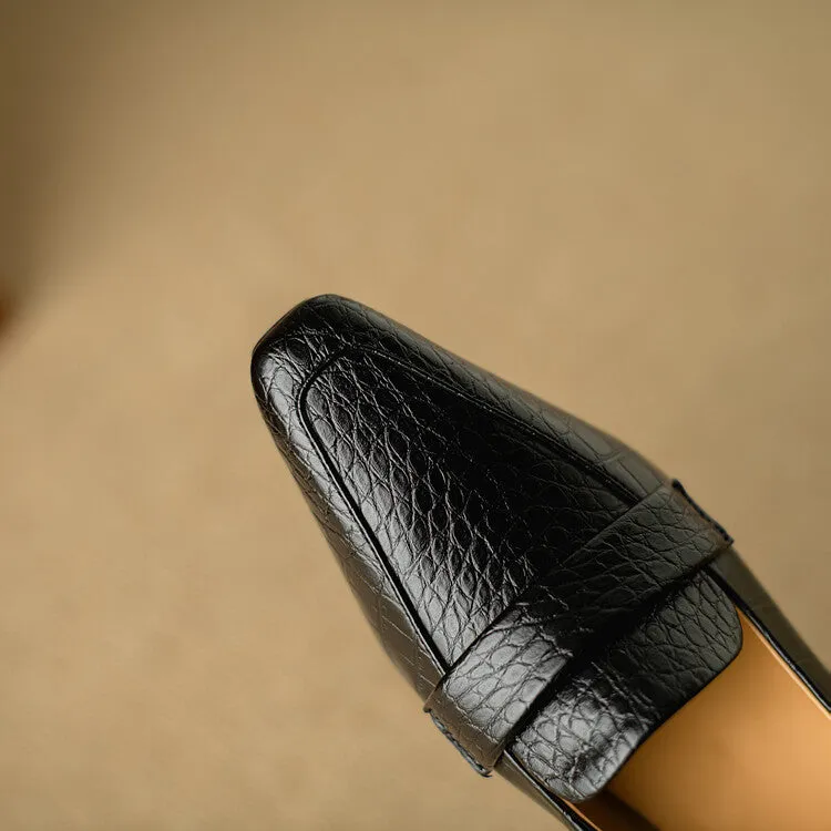 Ladies Square Toe Leather Block Heel Loafers