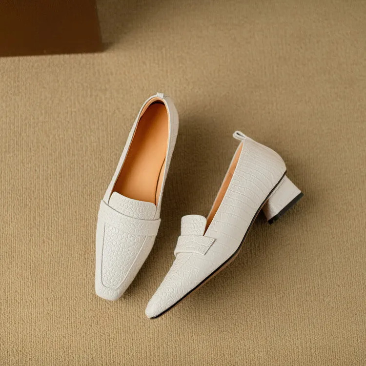 Ladies Square Toe Leather Block Heel Loafers