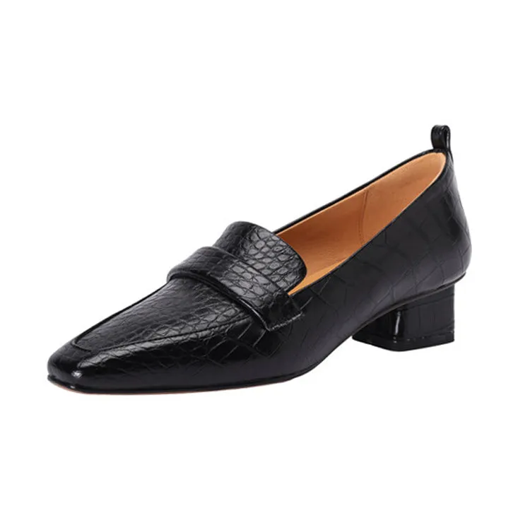 Ladies Square Toe Leather Block Heel Loafers