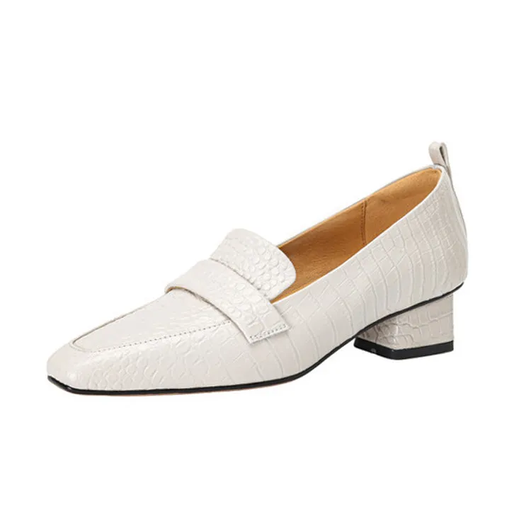 Ladies Square Toe Leather Block Heel Loafers