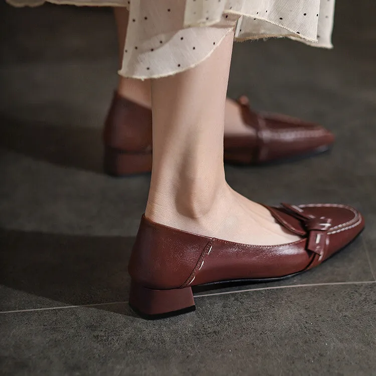 Ladies Square Toe Leather Bow Detail Block Low Heel Loafers