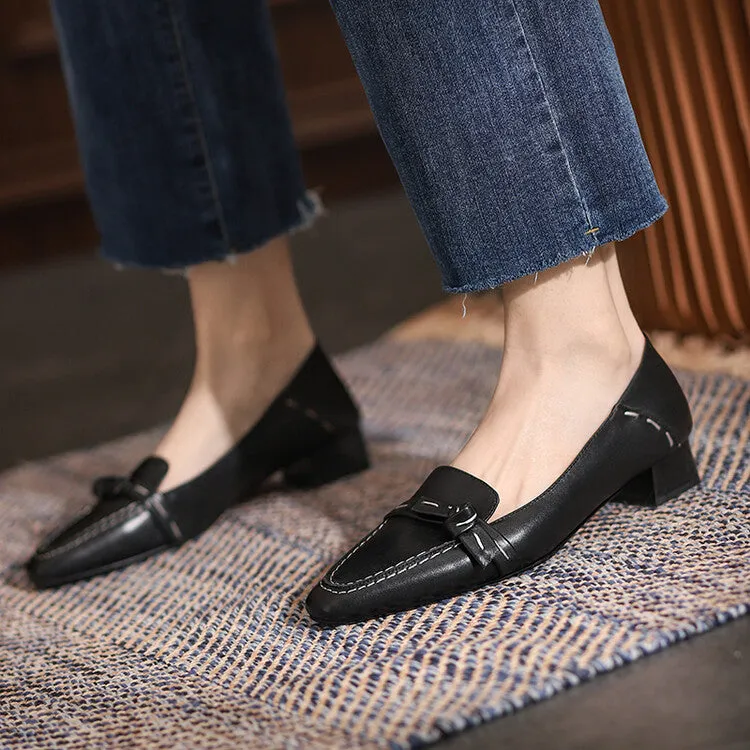 Ladies Square Toe Leather Bow Detail Block Low Heel Loafers