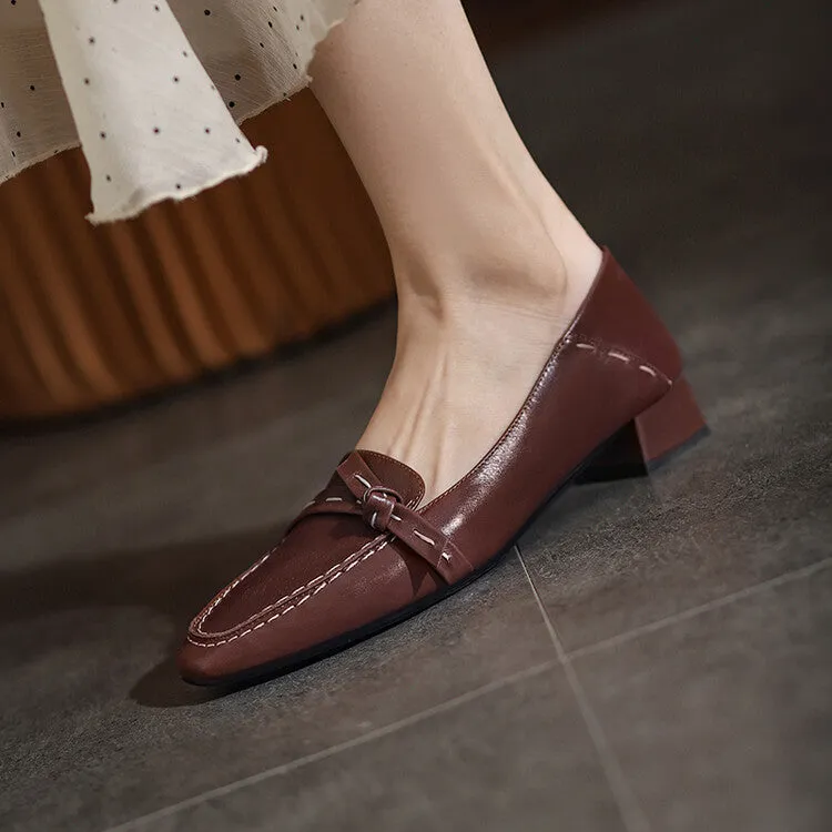 Ladies Square Toe Leather Bow Detail Block Low Heel Loafers