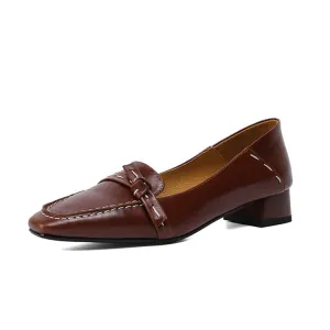 Ladies Square Toe Leather Bow Detail Block Low Heel Loafers