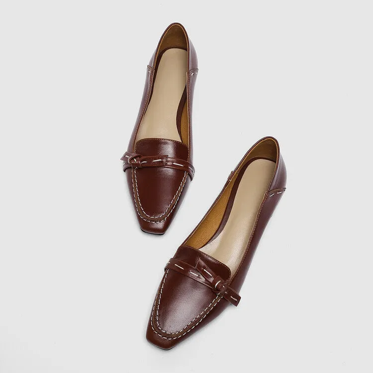 Ladies Square Toe Leather Bow Detail Block Low Heel Loafers