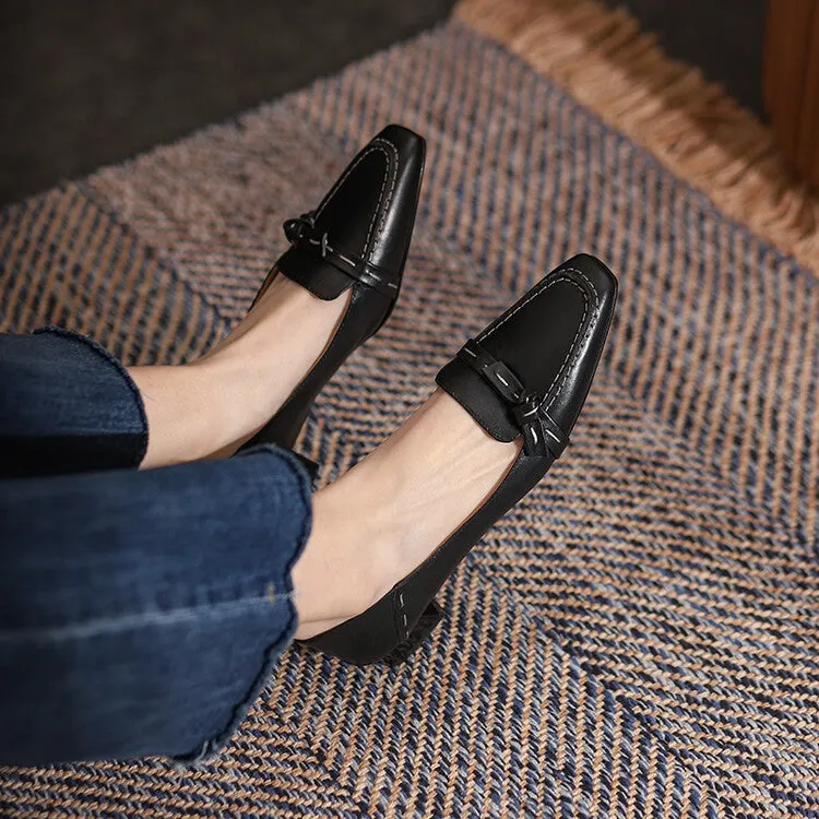 Ladies Square Toe Leather Bow Detail Block Low Heel Loafers
