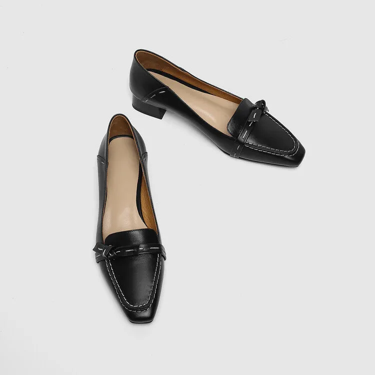 Ladies Square Toe Leather Bow Detail Block Low Heel Loafers