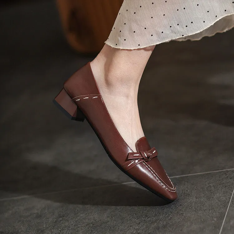 Ladies Square Toe Leather Bow Detail Block Low Heel Loafers